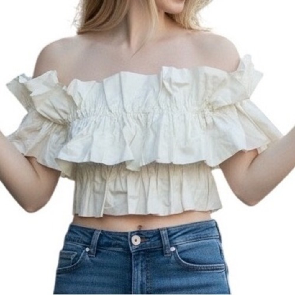 DO + BE White Ruffle Off/On the Shoulder Smocked Crop Top NWT Size Small‎